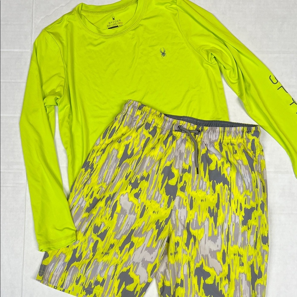 SPYDER Neon Green Long Sleeve Shirt and Patterned Swim Shorts Set